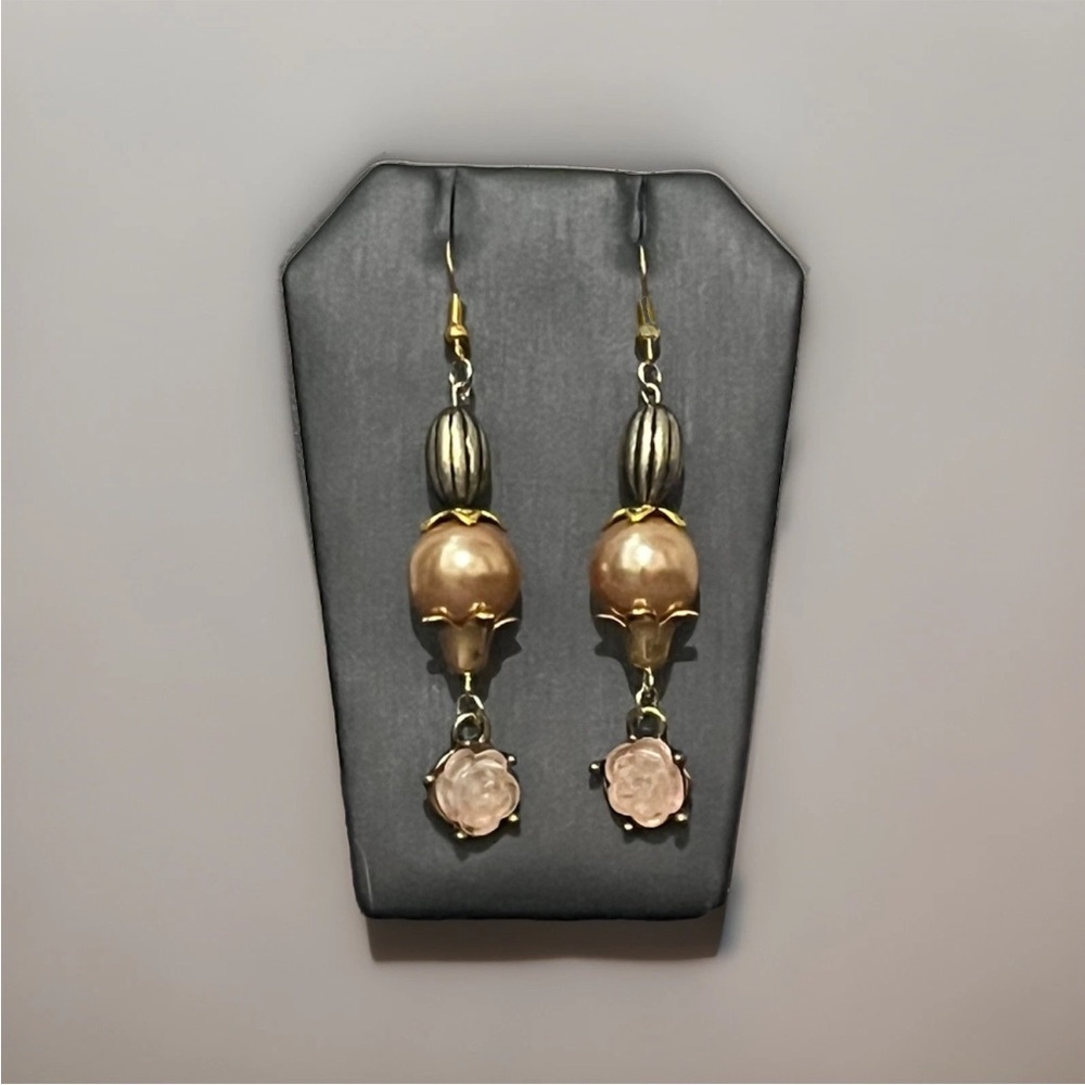 Handmade Artisan Beaded Pink Rose Earrings 18k Gold Plated Hooks.